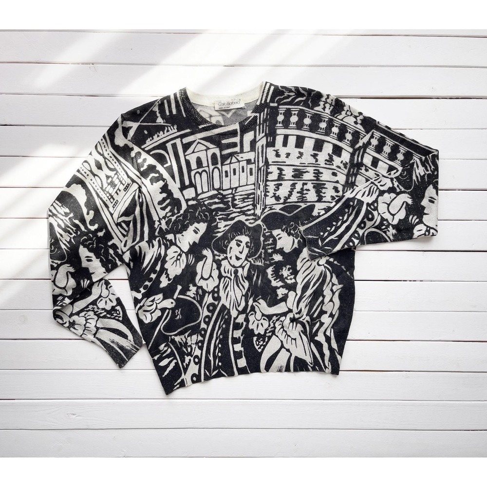 Vtg Carla Barbera Sweater Women M 18th Century Art Woodcut Print Mesh Silvery‎